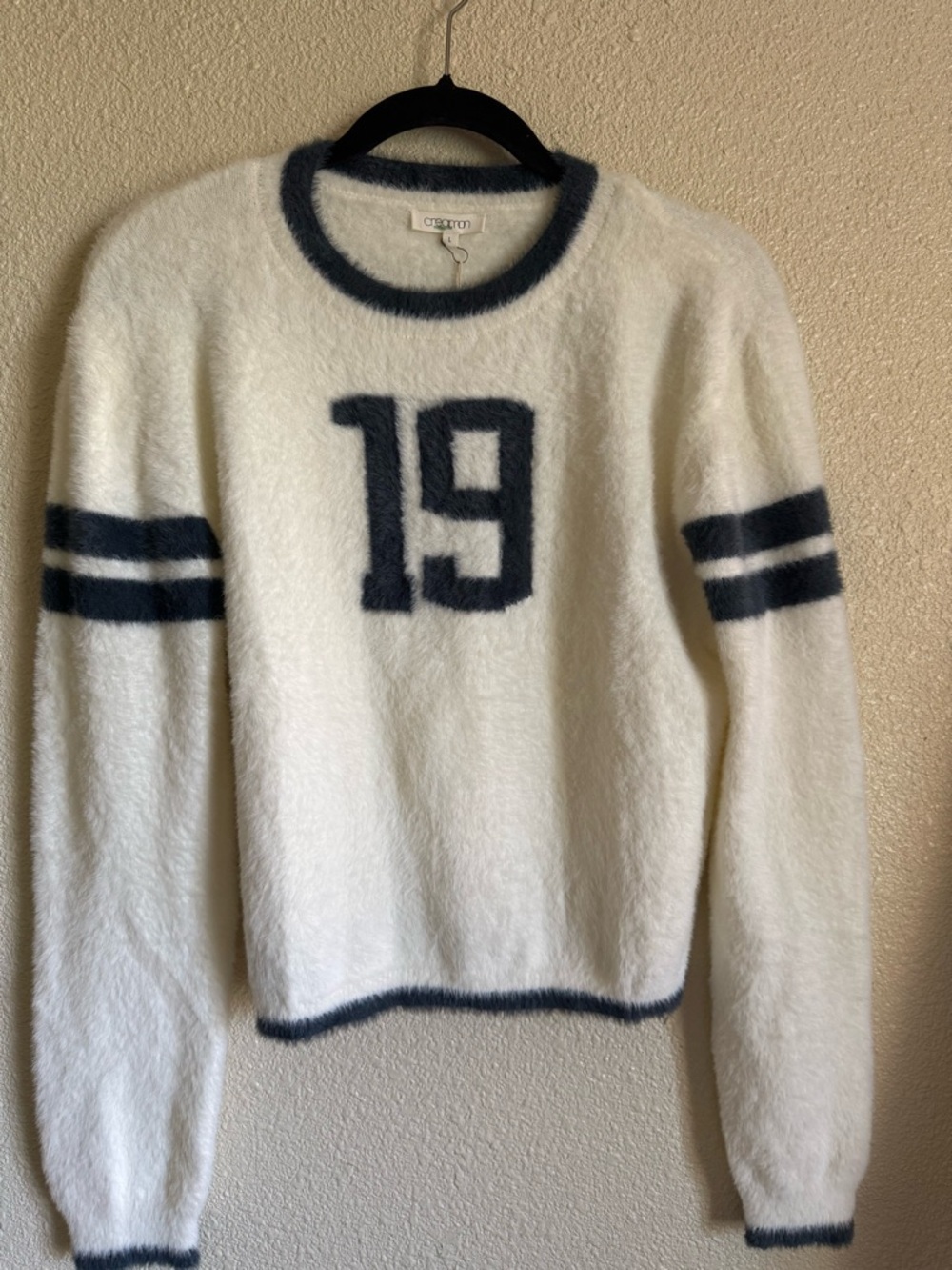 Women's Cream Number 19 Fuzzy Crewneck Sweater - Picture 2 of 5